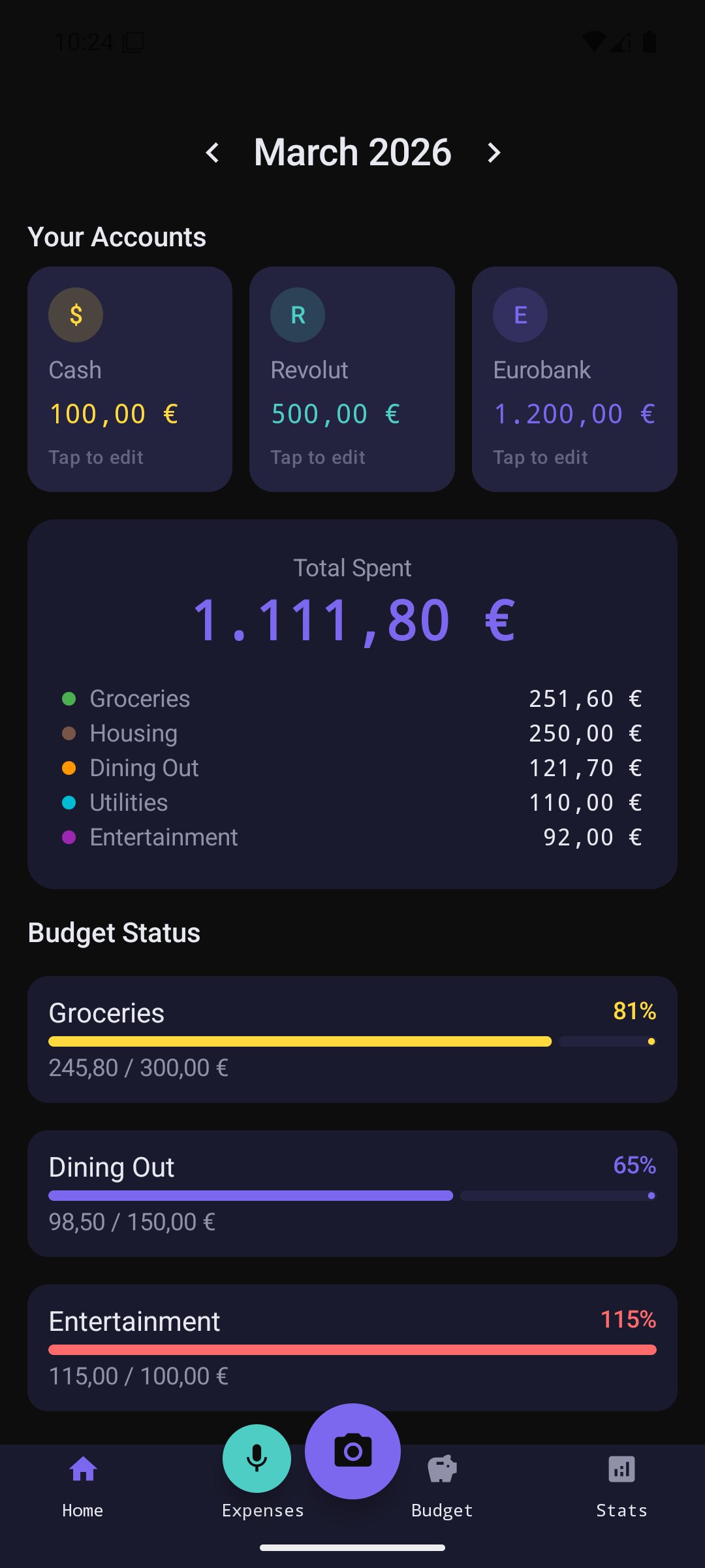 Android home screen: wallet balances, monthly total by category and budget status bars (sample data)