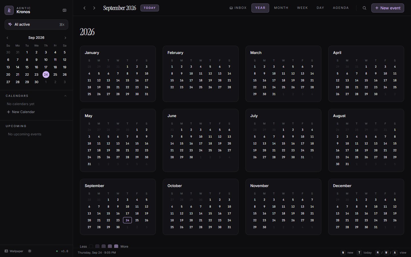 Year view: twelve-month activity heatmap with drill-down